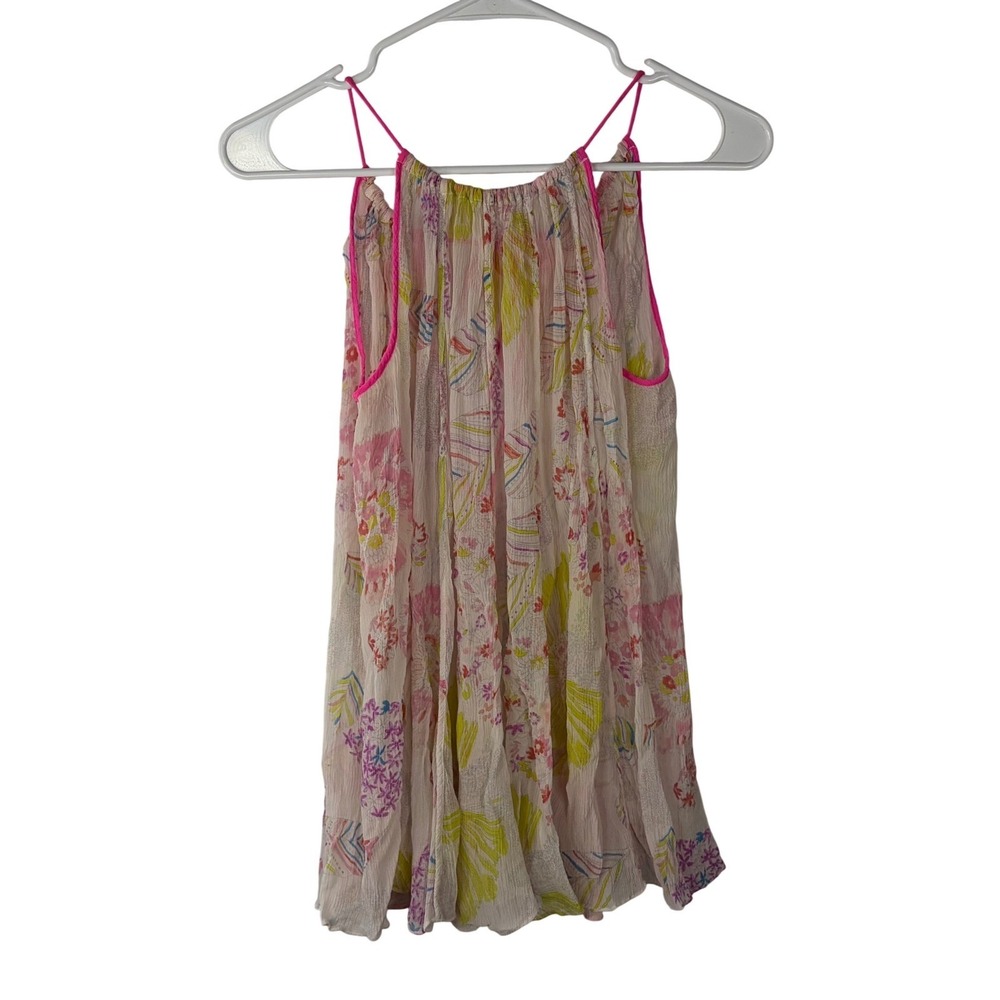 100% Silk Floral Camisole Tank Top Pink Piping Keyhole Tie Sheer Multi Color - Picture 11 of 11